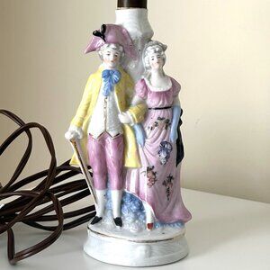Vintage Porcelain Table Lamp Featuring Colonial Couple With Shade *works!*